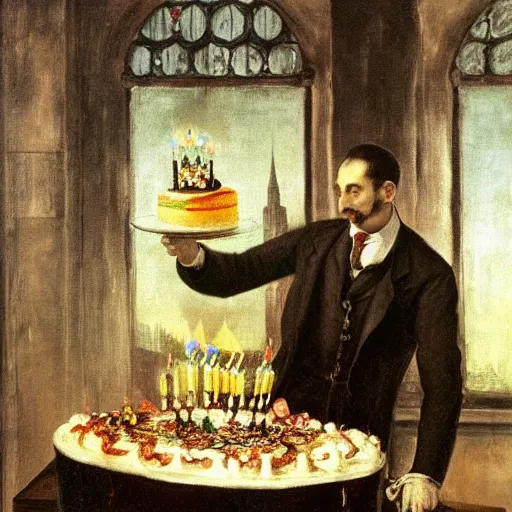 Image similar to man in suit eating a beautiful birthday cake by el greco, remedios vary, salvador dali, carl gustav carus, john atkinson grimshaw. high detail, great lighting, 8 k resolution, masterpiece, concept art, illustration