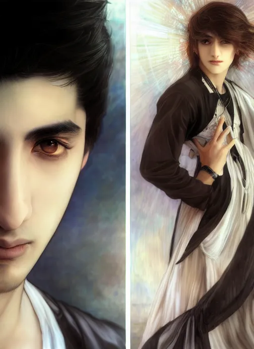 Image similar to beautiful medium shot portrait of a young arabic man inspired by ayami kojima with short hair dressed with a white t - shirt looking into the camera from three - quarters, white background white bank studio light, art by yoshitaka amano, alfons mucha, final fantasy, high quality, 8 k