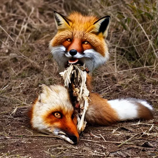 Prompt: fox with a dead chicken in its mouth, nature photography