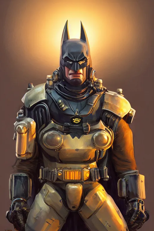 Image similar to batman hardmesh retro futurist steampunk fallout 7 6 power armor, hyper realistic, art cover, official fanart behance hd artstation by jesper ejsing, by rhads, makoto shinkai, radiating a glowing aura global illumination ray tracing hdr