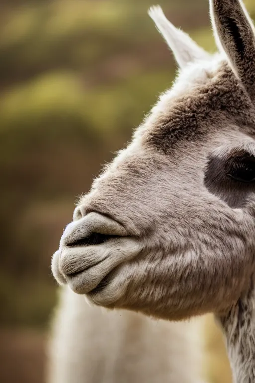 Prompt: Double exposure, soft light, soft focus, mountain scene in a llama face, andes mountain forest