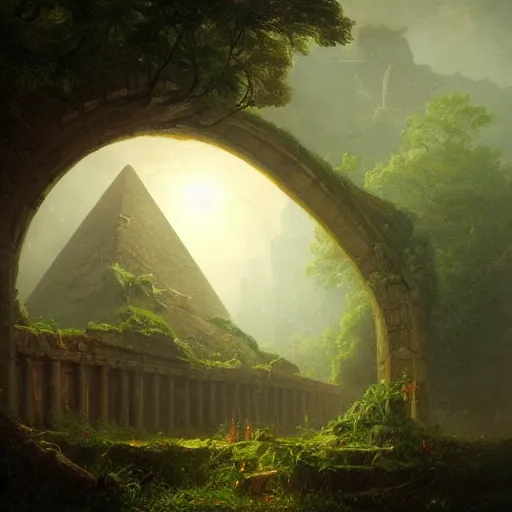 Image similar to ancient pyramid, overgrown undergrowth vegitation, dark volumentric ambient lighting, painting by thomas cole and greg rutkowski