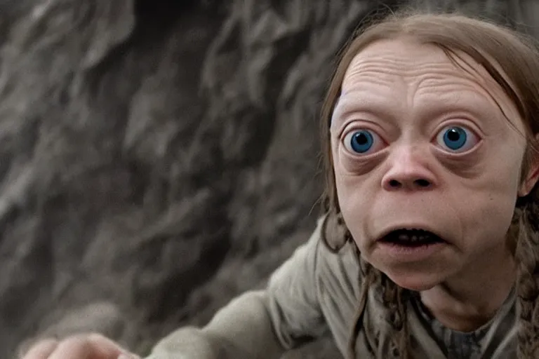 Image similar to greta thunberg as gollum, holding the ring, inside a cave, fog, cinematic, still shot from the new lord of the rings movie