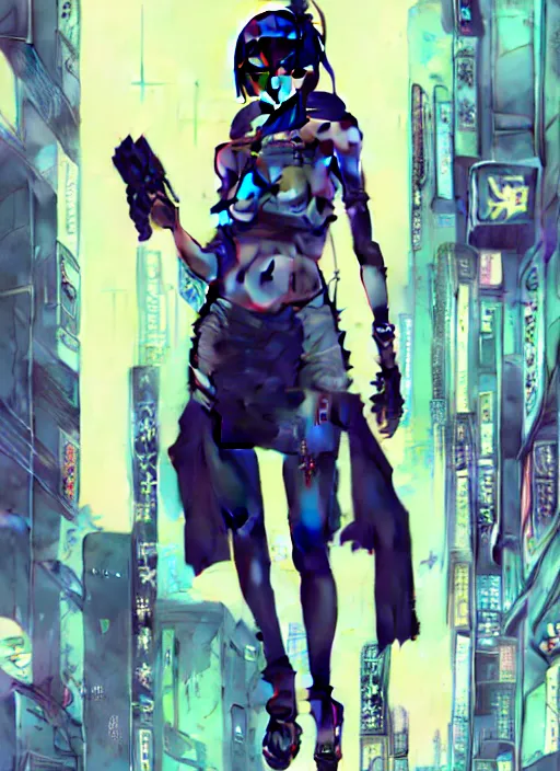 Image similar to hyper - realistic cyberpunk portrait of beautiful! anime woman standing on tokyo street, extreme detail, alluring, in style of yoji shinkawa, pan ren wei, col price, atey ghailan, by greg rutkowski, by greg tocchini, by james gilleard, by joe fenton, by kaethe butcher, grunge aesthetic