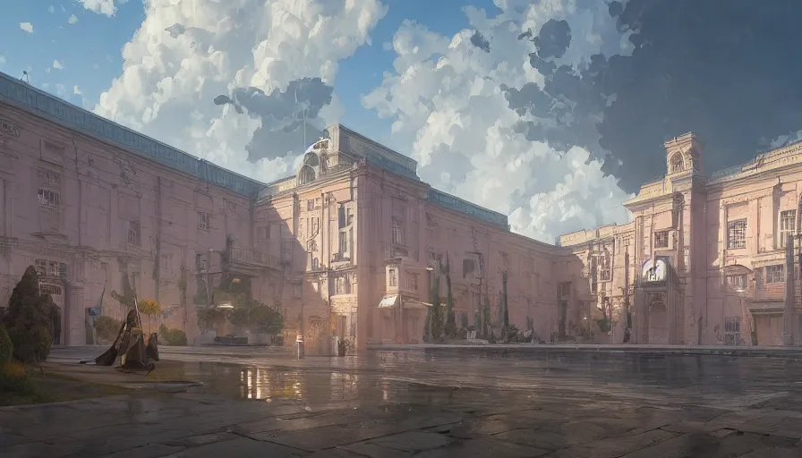 Prompt: A highly detailed matte painting of the huge art gallery with paintings by famous artists in huge museum in 19th century france by Studio Ghibli, Makoto Shinkai, by Artgerm, by beeple, by Greg Rutkowski, volumetric lighting, octane render, 4K resolution, trending on artstation, masterpiece