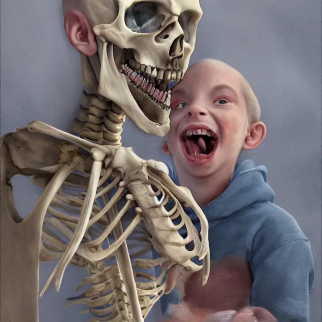 Prompt: a beautiful, hyperrealism, naturalistic 3 d rendered matte painting and symmetrical portrait of a glee skeleton boy wearing a white string attached light blue hoodie who smiles tremendously, and the passion he feels excites his bone face full of joy and pure happiness, in the style of james jebusa shannon, reisha perlmutter and finnian macmanus : 5