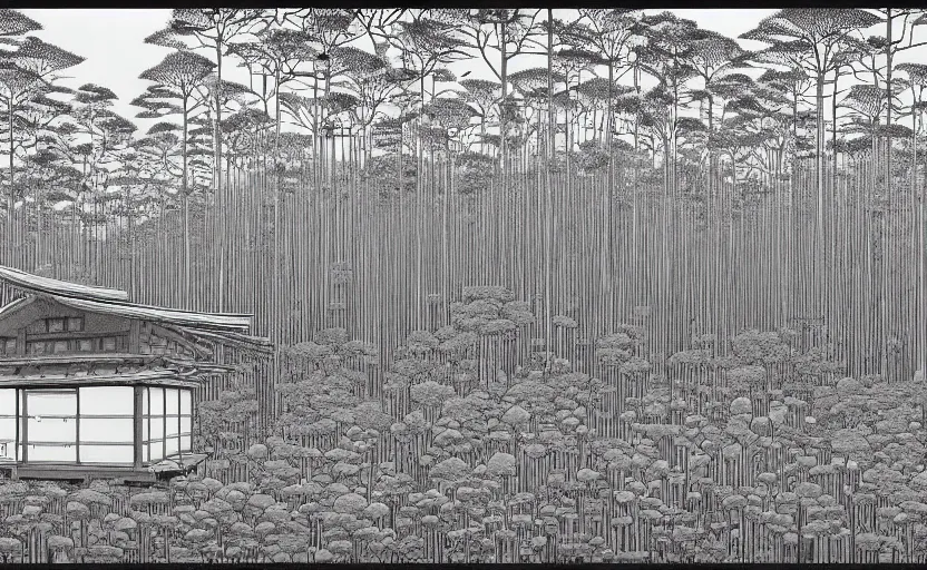 Image similar to giant forest with single wooden cabin, made by Kawase Hasui in unkiyo-e style in disturbing and gloomy atmosphere in Junji Ito style with vibes of Joe Fenton, H. R. Giger, M. C. Escher, Z. Beksinski