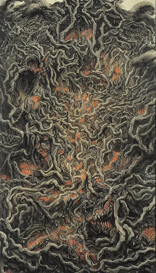 Image similar to a storm vortex made of many demonic eyes and teeth over a forest, by zeng fanzhi