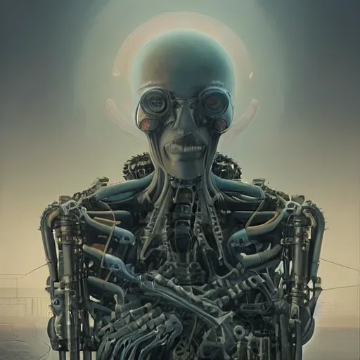 Prompt: portrait of an ultradetailed illustration of a biomechanic evil cyborg posing in front of a futuristic mechanic lab, by greg rutkowski and Zdzisław Beksiński., photorealistic, 8k, intricate, futuristic, dramatic light, trending on cg society