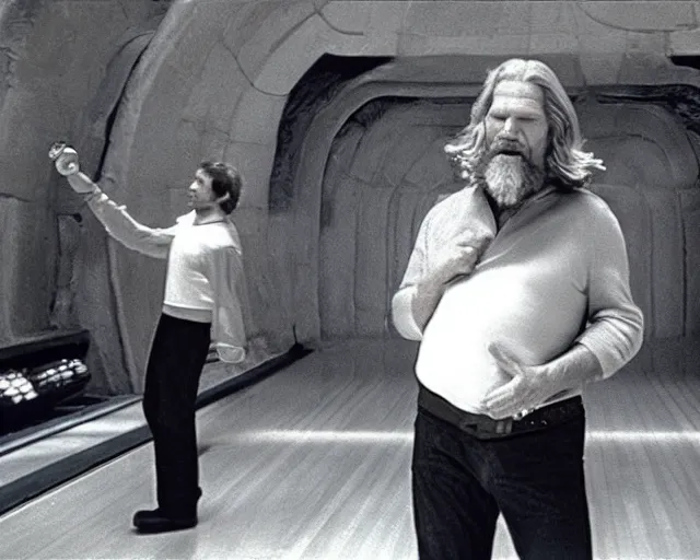 Image similar to Jeff Bridges from The Big Lebowski throwing a bowling ball in the Mos Eisley Cantina in Star Wars