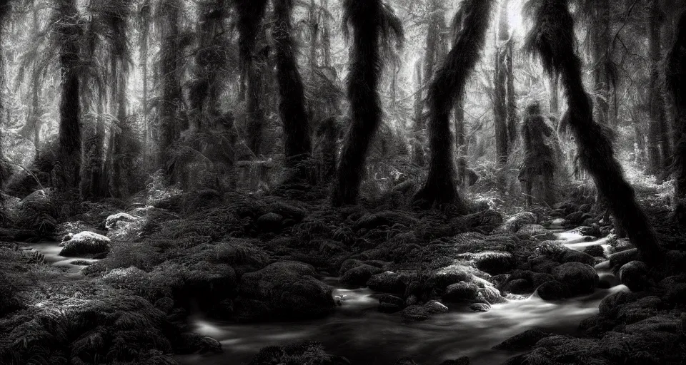 Prompt: deep inside the forest, stream, dramatic lighting, chiaroscuro, moss, ferns, epic, award winning photo by ansel adams, masterpiece, artstation