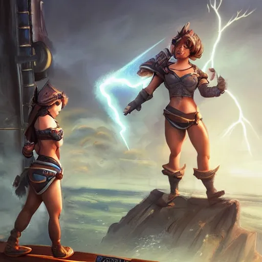 Prompt: beautiful muscular female gnome mechanic, casting lightning magic, short black pixie undercut hair, standing on ship deck, naval background, intricate, D&D, highly detailed, full body portrait, wide angle, digital painting, artstation, smooth, sharp focus, great composition, illustration, art by Greg Rutkowski, trending on artstation