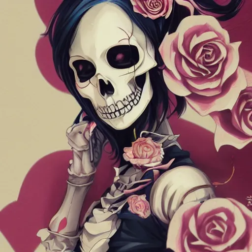 Prompt: anime manga skull portrait young woman skeleton, pixar, painterly, logo, graffiti, cuphead, highly detailed, digital art, art by jc leyendecker and sachin teng