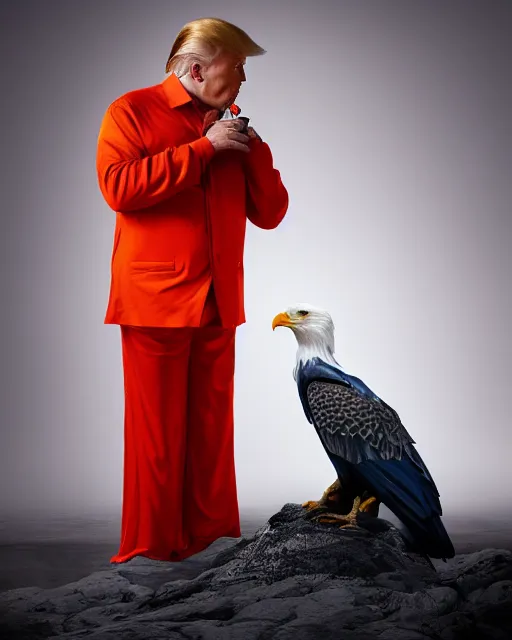 Image similar to Medium Shot Donald Trumps wearing orange pajamas kissing an american eagle, octane, dramatic lighting, editorial photo, 35mm, very detailed