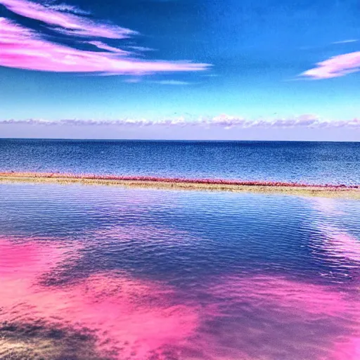 Prompt: dreamland surreal infinite rose colored sky with feathery blush colored clouds over a body of calm flat reflective pink water looking out to the horizon with no trees or land in sight