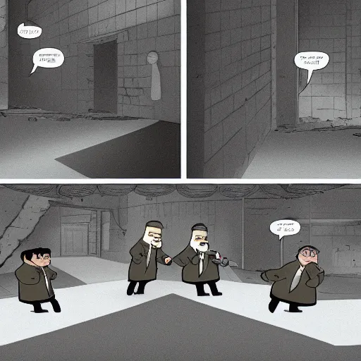 Prompt: peter griffin fighting against brad pitt in a basement with concrete floor, light ray from a blurry window, floating dust, motion blur, gloomy, stippled walls, cinematic shot, in john salt style