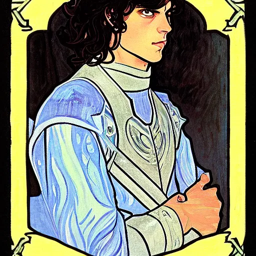 Image similar to painting of young handsome beautiful paladin elf! man with long wavy dark hair in his 2 0 s named shadow taehyung at the blueberry party, wearing armor!, elegant, clear, painting, stylized, delicate, soft facial features, art, art by alphonse mucha, vincent van gogh, egon schiele,