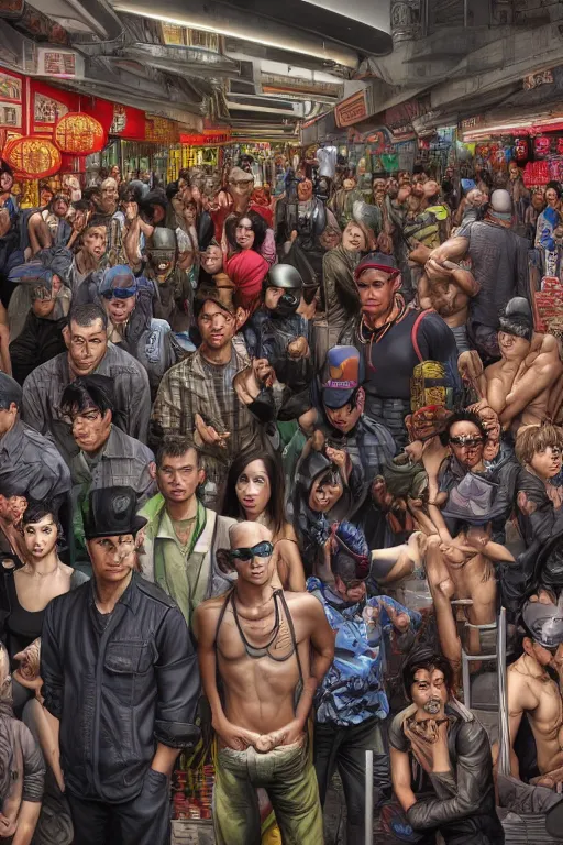 Prompt: place full of tunnel rats - pop art, hyperrealistic, detailed by artgerm and richard hamilton and mimmo rottela and bob rafei and kazuma kaneko and bengus and yoshitaka amano, face features, human anatomy features, sharp focus, realistic detail human composition, gta chinatown models, best rendered by krita by photoshop by octane