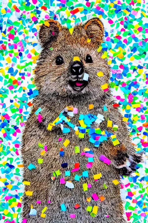 Prompt: detailed illustration, a portrait of a happy quokka on rotttnest island constructed from confetti, collage, may gibbs, layered composition, layers, texture, textured, layered, sculpted, dynamic, 🦋, 🎈,