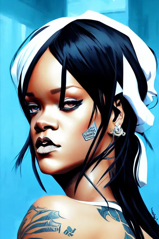 Prompt: rihanna, manga cover art, detailed color portrait, artstation trending, 8 k, greg rutkowski