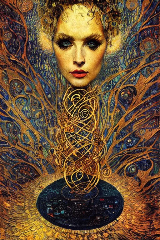 Image similar to The Lost Souvenir by Karol Bak, Jean Deville, Gustav Klimt, and Vincent Van Gogh, mystic eye, otherworldly, vintage well-worn postcard, scenic landscape, fractal structures, arcane, inferno, inscribed runes, infernal relics, ornate gilded medieval icon, third eye, spirals, rich deep moody colors