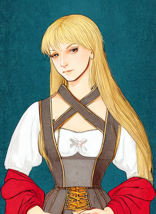 Prompt: young woman in medieval clothing, blue eyes and blond hair, a ribbon in her hair, art by ex machina,