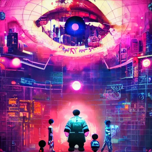 Prompt: a group of people standing around a giant one eyed mickey mouse, cyberpunk art by david lachapelle, cgsociety, sots art, dystopian art by industrial light and magic, concept art, neons, interior, in the style of beeple