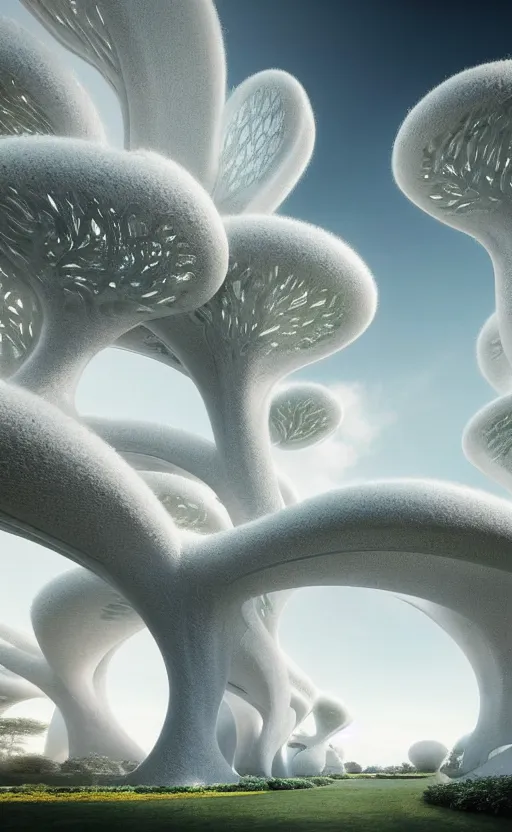 Image similar to beautiful porcelain ivory scifi futuristic city architectural landscape, biophilic, arches, bridges, vincent callebaut composition, mamou - mani, iris van herpin, elegant lace haute couture stone trees, minimalist, porcelain magnolia fluid fractal nebula, rhizomorph, soldier lichen, puffballs, soft light, 8 k,