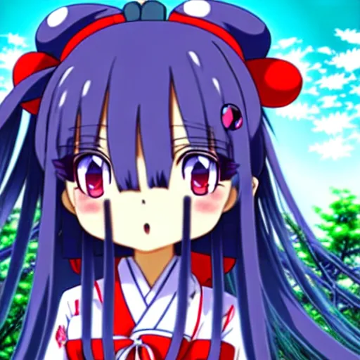 Prompt: A cute little anime girl with long indigo colored hair, wearing a red shrine maiden uniform, in a large grassy green field, petting a cat, shining golden hour, she has detailed black and purple anime eyes, extremely detailed cute anime girl face, she is happy, child like, near a Japanese shrine