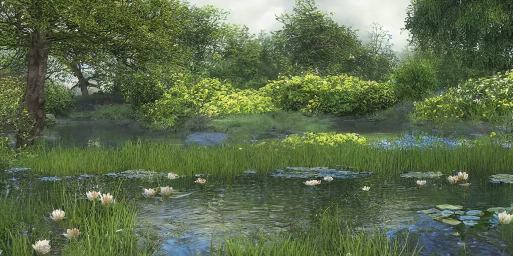 Prompt: pond, arthur hughes, hyper realistic, unreal engine