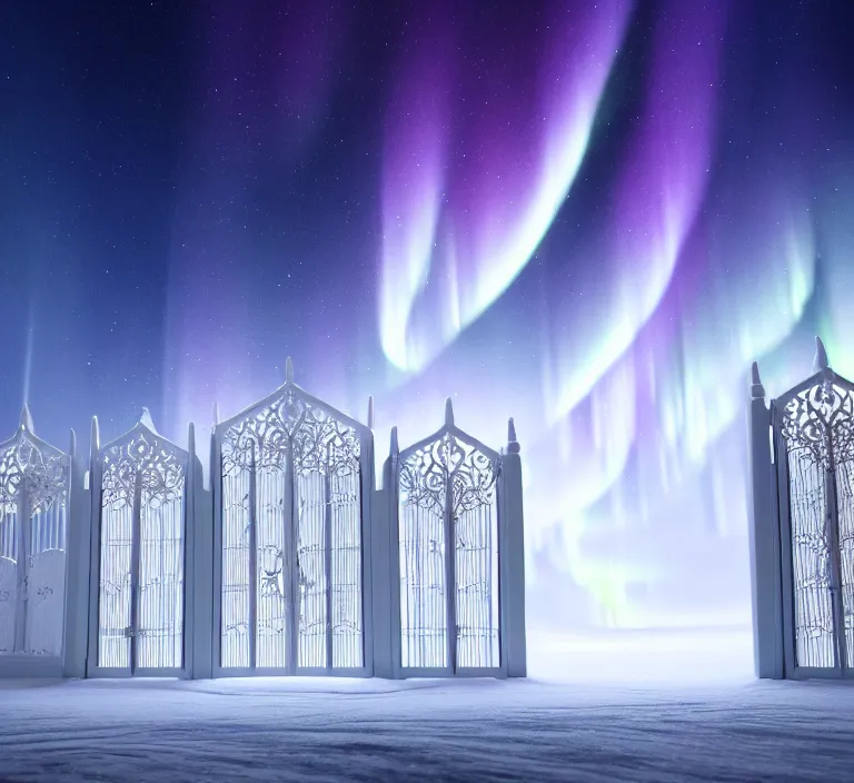 Prompt: a very detailed concept art of intricate and scandinavian white gates to aurora borealis, trending on artstation, symmetry, digital art, 4 k, hyper realistic, octane render, sharp focus