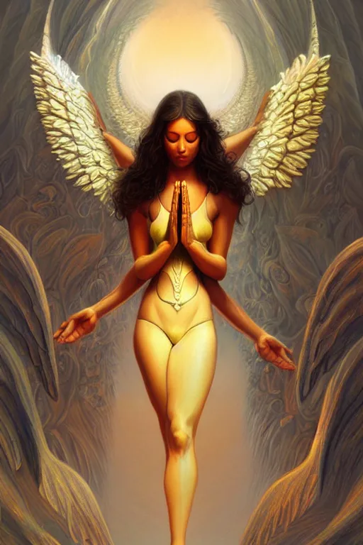 Prompt: angel doing yoga in temple, fantasy, intricate, elegant, highly detailed, digital painting, artstation, concept art, matte, sharp focus art by boris vallejo, smooth, sharp focus, illustration