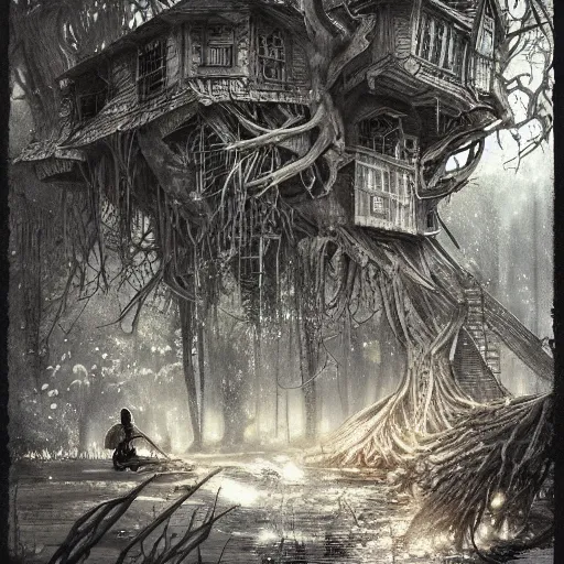 Prompt: a goblinoid human waits inside broken tree house, detailed intricate ink illustration, dark atmosphere, detailed illustration, hd, 4k, digital art, overdetailed art, concept art, by greg rutkowski, by loish, complementing colors, Trending on artstation, deviantart