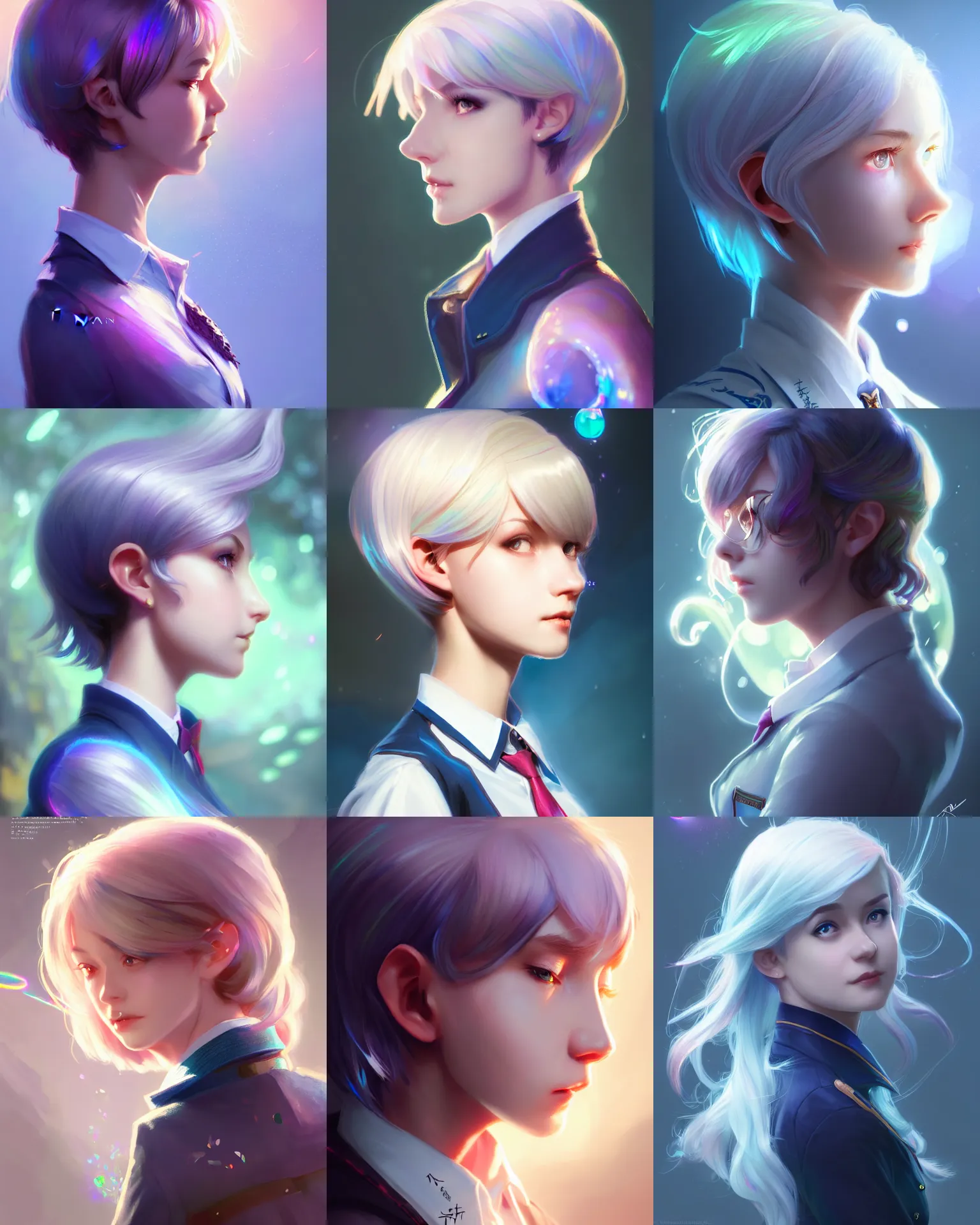 Prompt: side portrait of an innocent lost college girl, strixhaven magic school university uniform, light iridescent hair color, cute short hair style, fantasy, intricate, sharp focus, lens flare, bloom, rim light, illustration, highly detailed, digital painting, concept art, matte, art by ruan jia