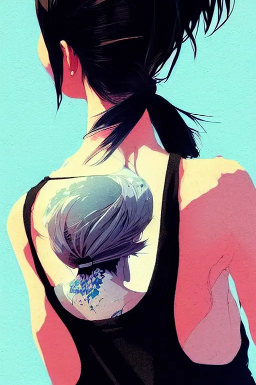 Image similar to a ultradetailed beautiful back painting of a stylish woman, she is wearing a black tank top and jeans, her hair is in a pony tail, by conrad roset, greg rutkowski and makoto shinkai trending on artstation