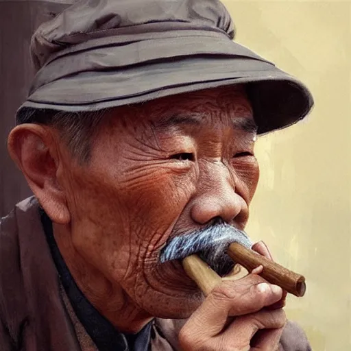 Image similar to a sad old chinese man with his pipe in his mouth, high quality, high resolution,detailed, oil painting by wlop