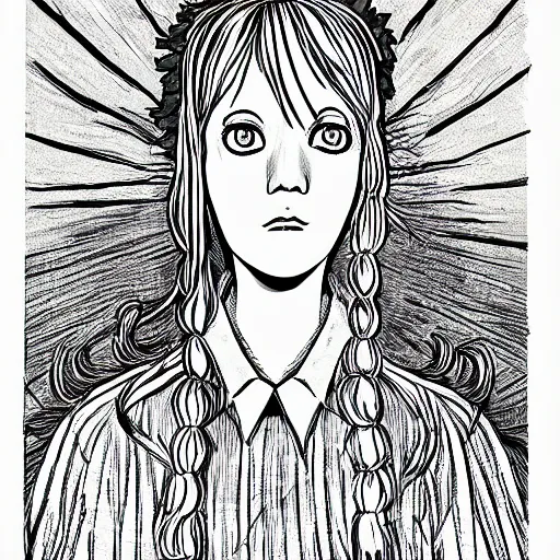 Prompt: Luna Lovegood in the style of Junji Ito. Manga. Black and white. Gothic. Horror. Exquisitely detailed. 4K.