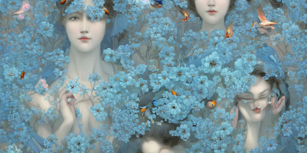 Image similar to breathtaking detailed concept art painting art deco pattern of faces goddesses of light - blue flowers with anxious piercing eyes and blend of flowers and birds, by hsiao - ron cheng and john james audubon, bizarre compositions, exquisite detail, extremely moody lighting, 8 k