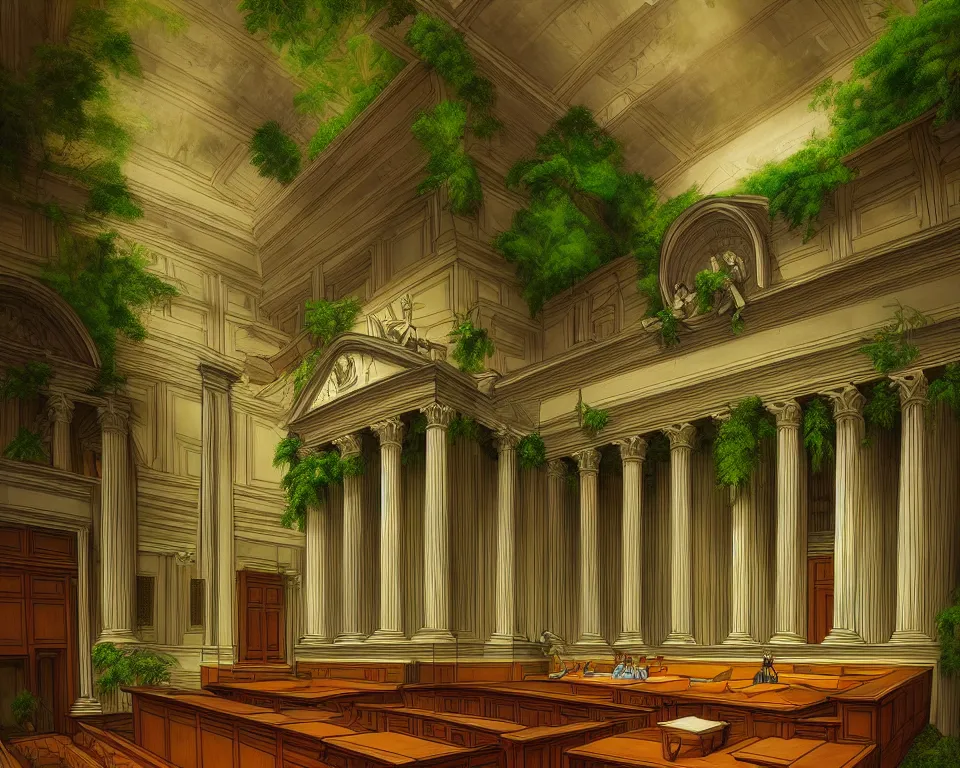 Image similar to the supreme court courtroom in the rainforest by raphael and hopper. hyperdetailed, proportional, romantic, enchanting, achingly beautiful, graphic print, trending on artstation, jungle, tropical, foliage