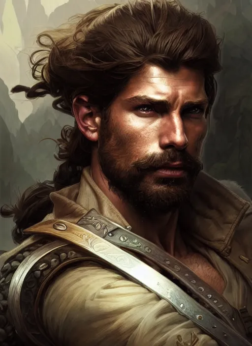 Image similar to Portrait of rugged male ranger, D&D, muscular, fantasy, intricate, elegant, highly detailed, digital painting, artstation, concept art, smooth, sharp focus, illustration, art by artgerm and greg rutkowski and alphonse mucha