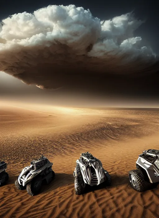 Prompt: 3 speeding quads on a dune in the desert in front of a huge stormcloud made of electric waste on the horizont , dust in the air, dark sun, concept art, dystopic, unreal, cineastic