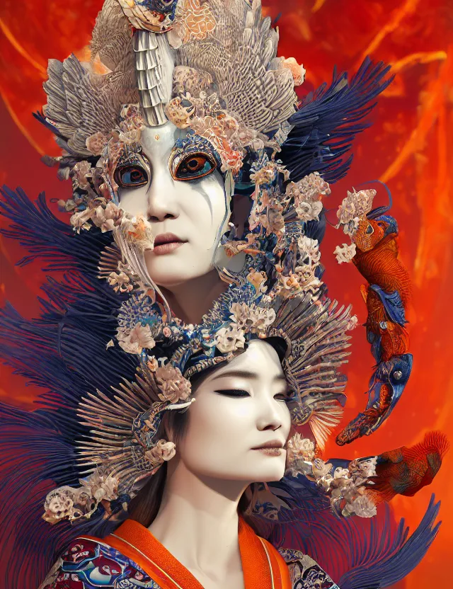 Image similar to 3 d goddess in robe close - up profile portrait with ram skull. beautiful intricately detailed japanese crow kitsune mask and clasical japanese kimono. betta fish, jellyfish phoenix, bio luminescent, plasma, ice, water, wind, creature, artwork by tooth wu and wlop and beeple and greg rutkowski