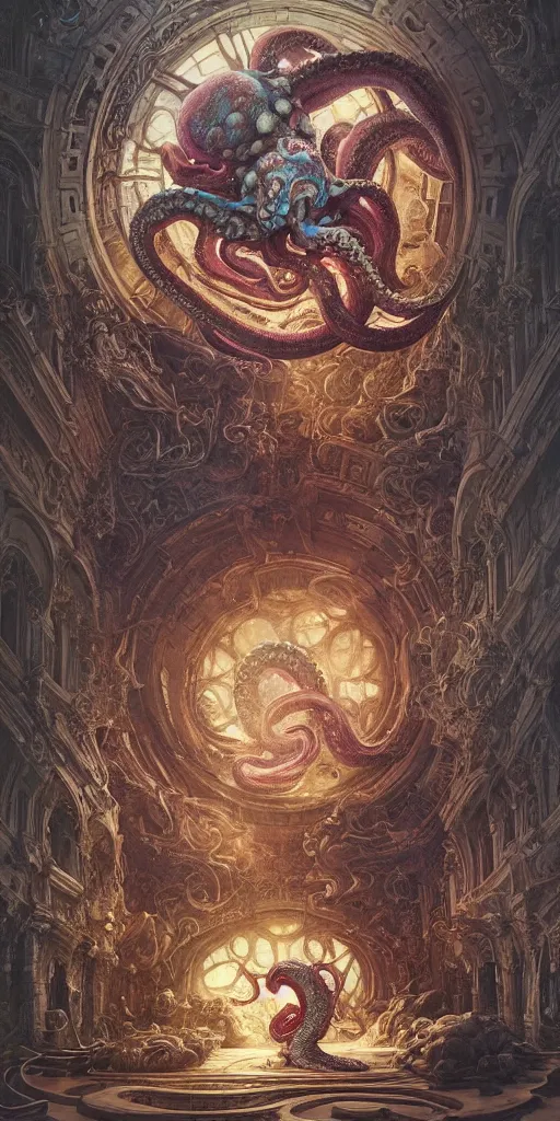 Prompt: magic fight of colorful Ouroboros and enormous octopus floating around inside an ancient mage castle hall colossal scale, gothic and baroque, brutalist architecture, ultradetailed, intricate details by Ellen Jewett and Ayami Kojima