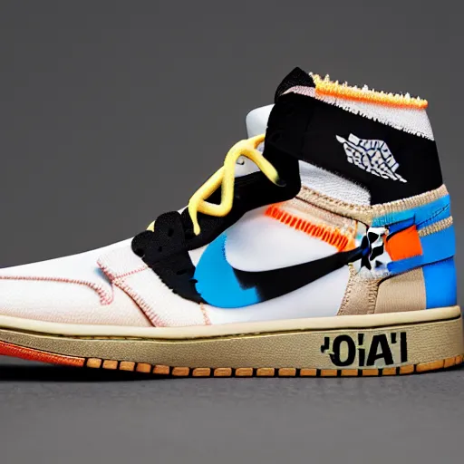 Image similar to a studio photoshoot of Nike Off-white Jordan 1 sneakers designed by Virgil Abloh, knitted mesh material, gum rubber outsole, realistic, color film photography by Tlyer Mitchell, 35 mm, Graflex