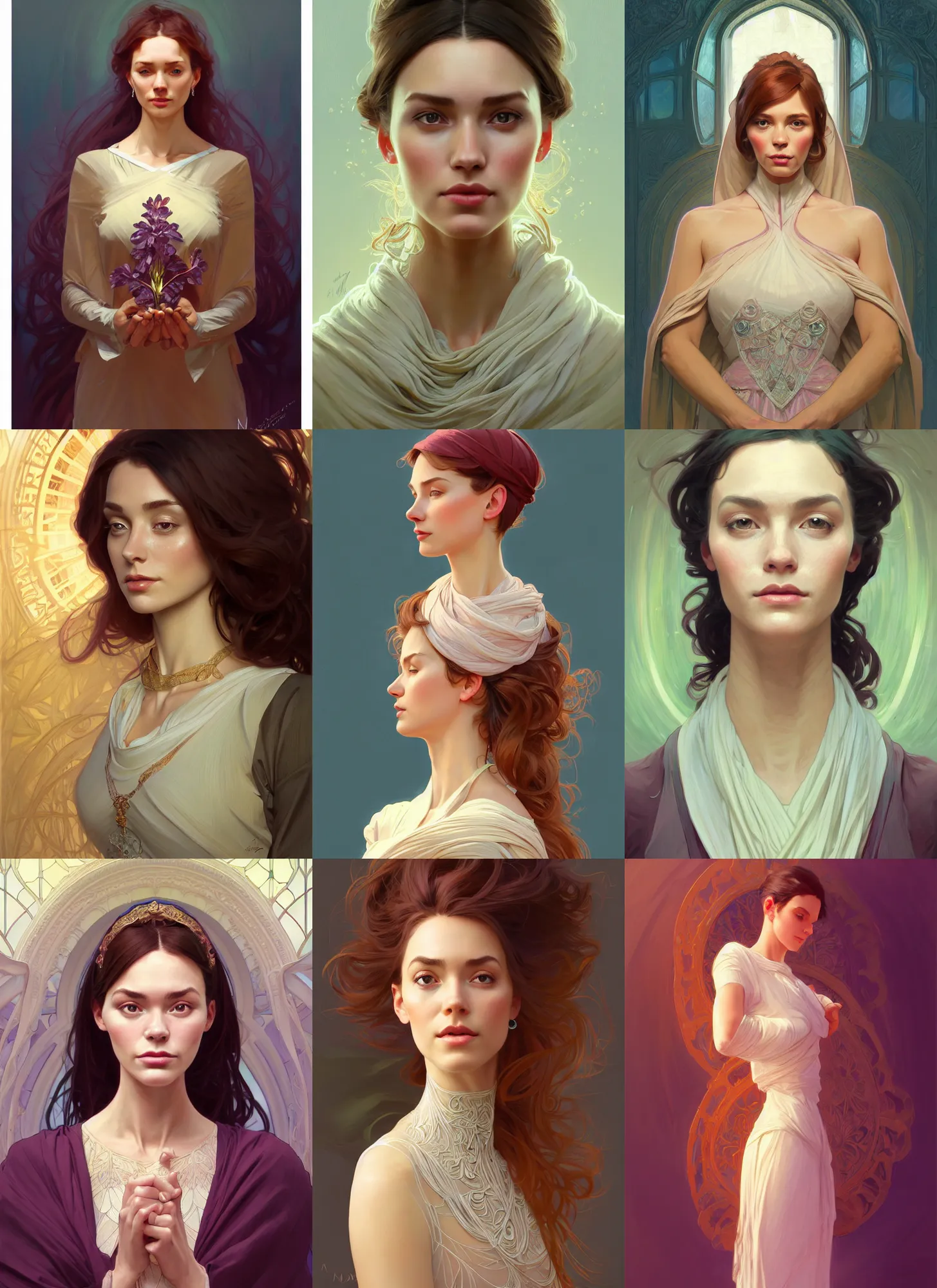 Image similar to character concept portrait of me as modest wife blessed by god to grow ever more intelligent beautiful voluminous muscular tall healthy and virtuous. modestly clothed, intricate, elegant, highly detailed, digital painting, artstation, concept art, symmetry, smooth, sharp focus, illustration, art by mandy jurgens and alphonse mucha and alena aenami