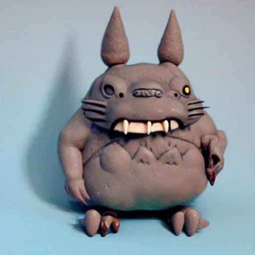 Prompt: totoro goblin, sharp teeth, scary, claymation style