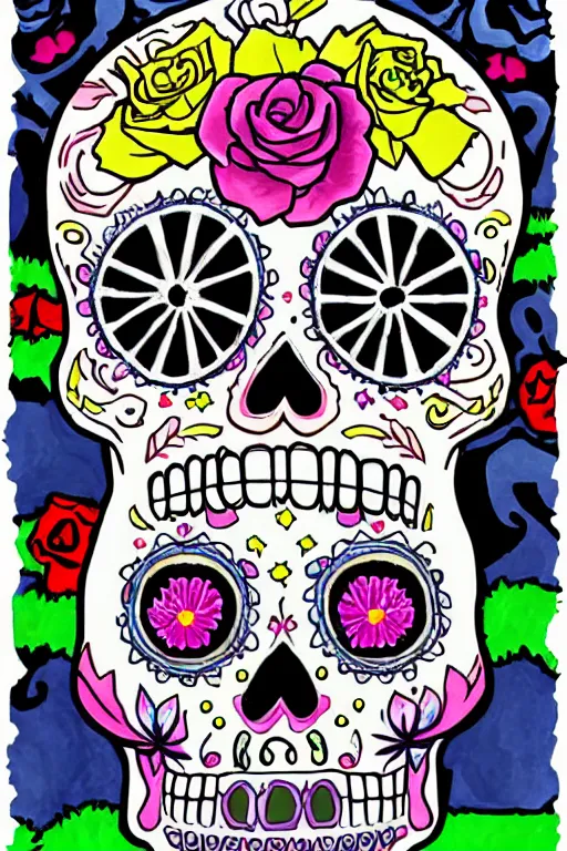 Image similar to illustration of a sugar skull day of the dead girl, art by meow wolf