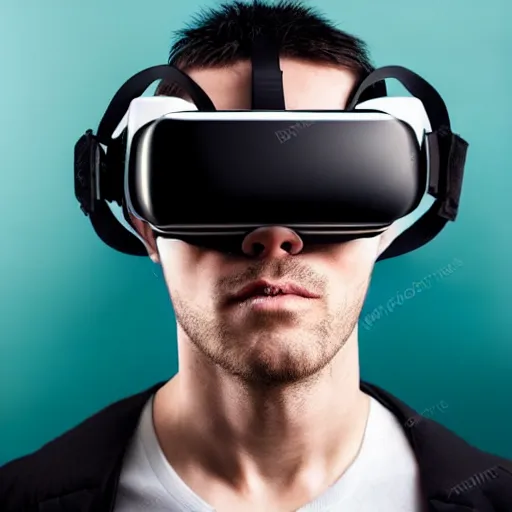 Image similar to portrait handsome fantastic cyberpunk style man wearing virtual reality goggles