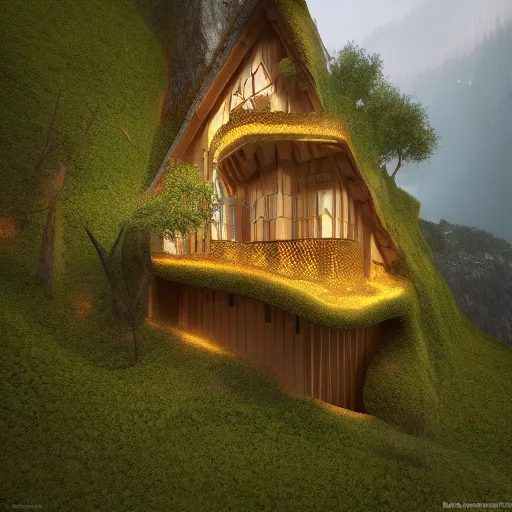 Image similar to small hillside house made of honey, modern lighting, hyper - realistic, hyper - detailed, 8 k, octane rendered, art nouveau, organic, flowing, impossible torsion, writhing, dynamic