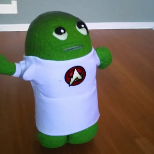 Image similar to an avocado with arms and legs wearing a starfleet uniform